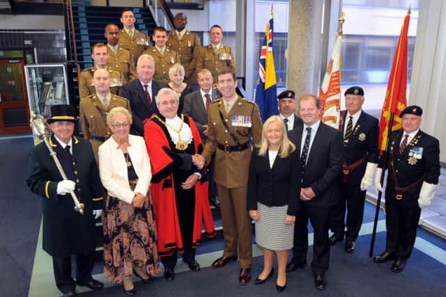 Royal Anglian Regiment, Dacorum Borough Council officials and standard bearers at the Freedom of the Borough ceremony