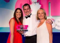 Bovingdon-based Wildgoose wins industry award. Mariella Frostrup with Jonny Edser and Sheridan Smith of Wildgoose Events receiving their C&IT Award.