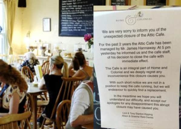 Picture of the Attic Cafe from www.homeandcolonial.co.uk and the sign announcing its closure