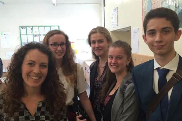 Kate Bellingham (left) with students from the Hemel Hempstead School