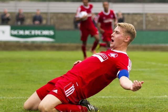 Jordan Parkes celebrates another trademark goal. Picture (c) Darren Kelly