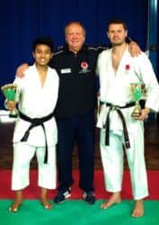 Joydeep Shil, instructor Malcolm Phipps and former World Champion Adam Cockfield were representing Dacorum at the Association UK National Karate Championships