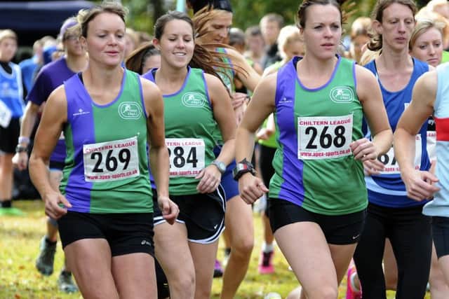 Twins Becky and Sam Fawcett, with Jess Tanner and Wendy Pearson just behind at the start of the Chiltern League meet in Watford. Picture (c) Gary Mitchell