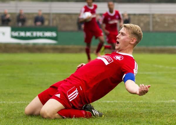 Jordan Parkes celebrates another trademark goal. Picture (c) Darren Kelly