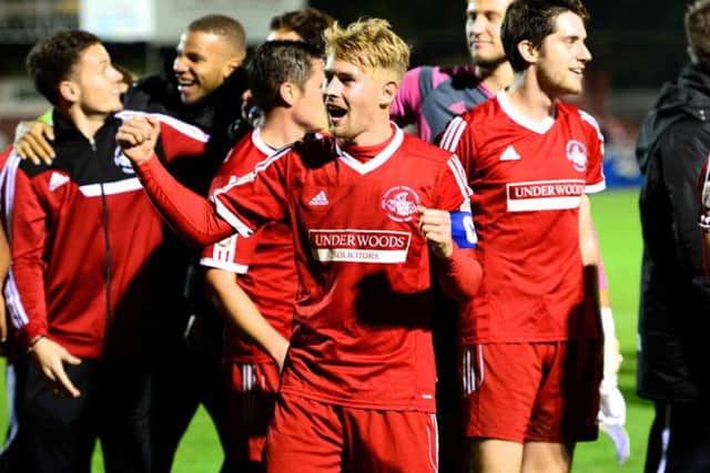 Hemel skipper Jordan Parkes celebrates. Picture (c) Cameron Maclean - CM Photography