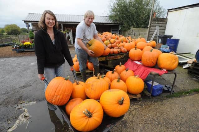 Jenny Hilsdon and husband Barny with their stock of pumpkins at Rumblers Farm Shop in Potten End