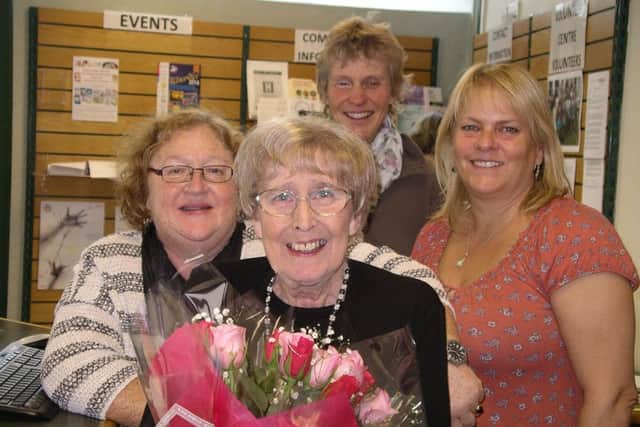 Barbara Reynolds-Sale was recognised for 17 years of volunteering with the Dacorum Volunteer Centre. L-R: Sara Woodley, Barbara,  Rowena Eardley and Hilary Edmonds