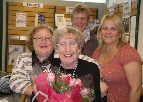 Barbara Reynolds-Sale was recognised for 17 years of volunteering with the Dacorum Volunteer Centre. L-R: Sara Woodley, Barbara,  Rowena Eardley and Hilary Edmonds