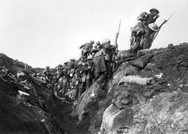 Troops going over the top at the start of the Battle of the Somme in 1916 during a training exercise behind the lines