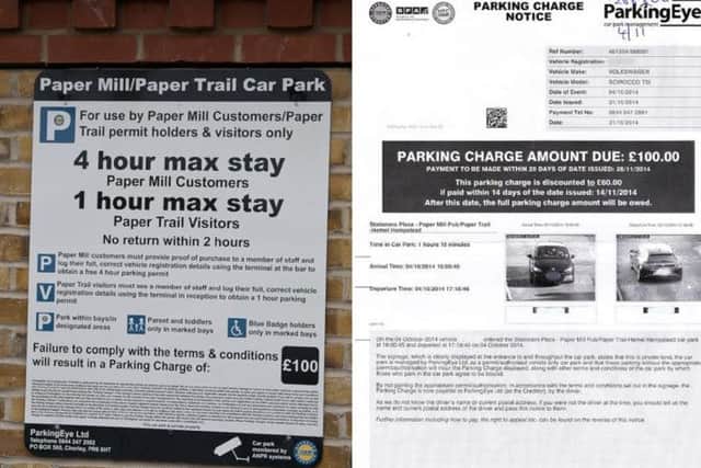 The sign outside of The Paper Mill, and one of the fines erroneously issued to a customer for using the car park outside of it