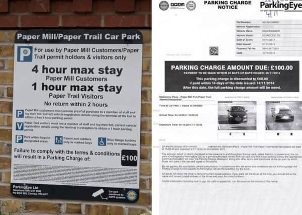 The sign outside of The Paper Mill, and one of the fines erroneously issued to a customer for using the car park outside of it