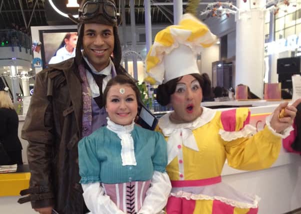 Sleeping Beauty production with, from left to right: Prince Alexander (Obiona Ugoala), Princess Rose (Jill McAusland) and Dame Donna Kebab (Terry Frisch.
