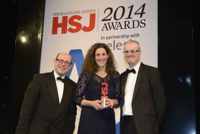 Samantha Jones receives the HSJ Chief Executive of the Year award with journalist Nick Robinson and chief executive of NHS Employers Danny Mortimer