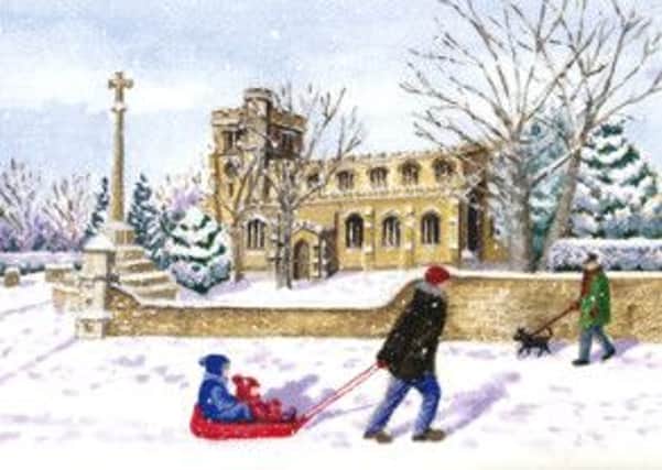 Rennie Grove Christmas card showing a snowy scene of the church at Tring