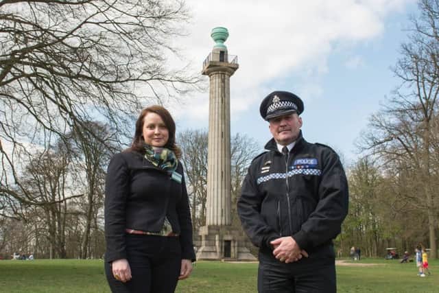 Dacorum Chief Insp Glen Channer and Ashridge's National Trust general manager Kirsten Proctor at the Bridgewater Monument PNL-140417-143920001