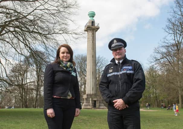 Dacorum Chief Insp Glen Channer and Ashridge's National Trust general manager Kirsten Proctor at the Bridgewater Monument PNL-140417-143920001