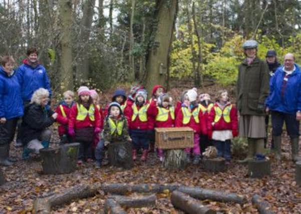 Boxmoor Primary School with the Lord Lieutenant of Hertfordshire The Countess of Verulam at their Forest School session in Hay Wood