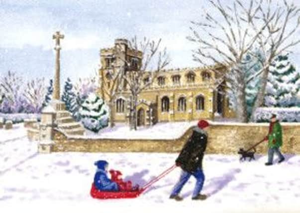 Rennie Grove Christmas card showing a snowy scene of the church at Tring