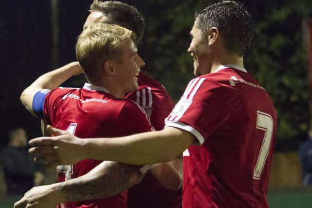 Hemel Town skipper Jordan Parkes celebrates after scoring. Picture (c) Darren Kelly