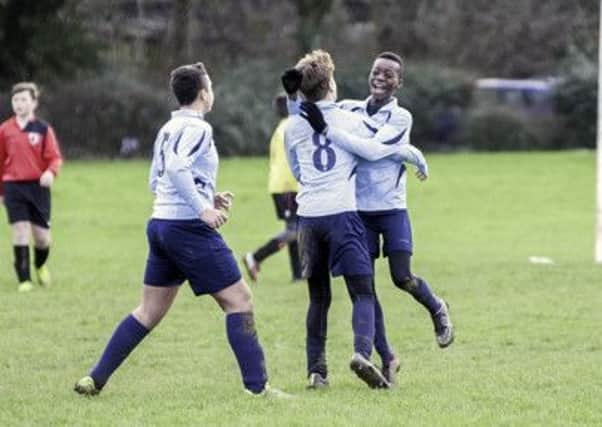 Destiny Ogali celebrates his hat-trick for Hemel Athletic U13 Blue in the County Cup. Picture (c) Dan Mitchell