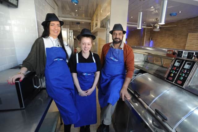 Staff at Fish and Chips at Lawn Lane, Hemel Hempstead.From left Rachael Williamson,Emma Newton and Zahir Hussain the manager. PNL-150119-152329009