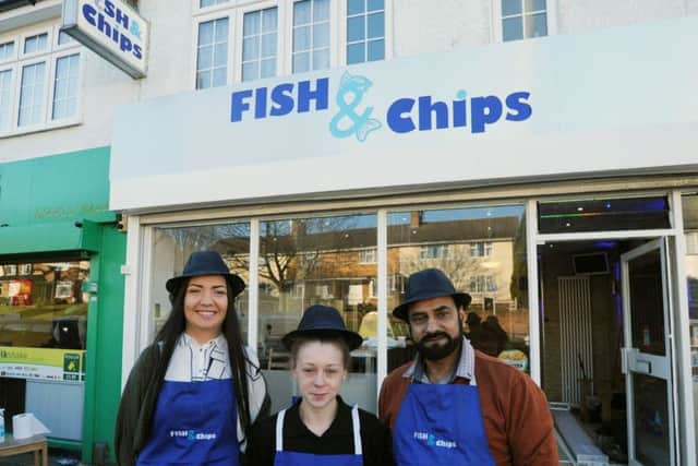 Staff at Fish and Chips at Lawn Lane, Hemel Hempstead .From left Rachael Williamson, Emma Newton and manager Zahir Hussain