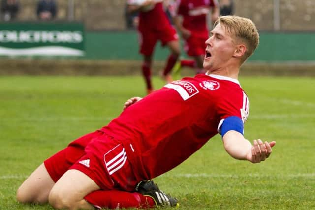 Jordan Parkes celebrates another trademark goal. Picture (c) Darren Kelly