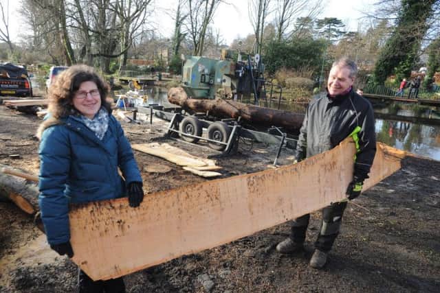 Slicing up trees and making bird boxes in Water Gardens, Hemel Hempstead. Claire Covington and Colin Chambers, organisers, with a fresh plank to be cut up for bird boxes