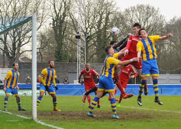 Oliver Hawkins got the second goal for Hemel against Farnborough. Picture (c) Terry Rickeard