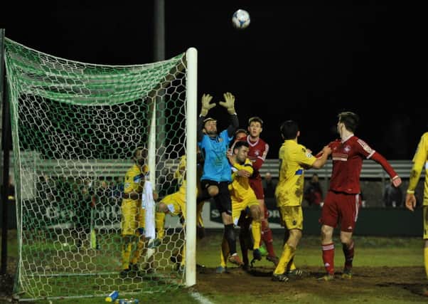 Hemel had a second goal ruled out for a foul on Wealdstone keeper Jonathan North. Picture (c) Sean Hinks