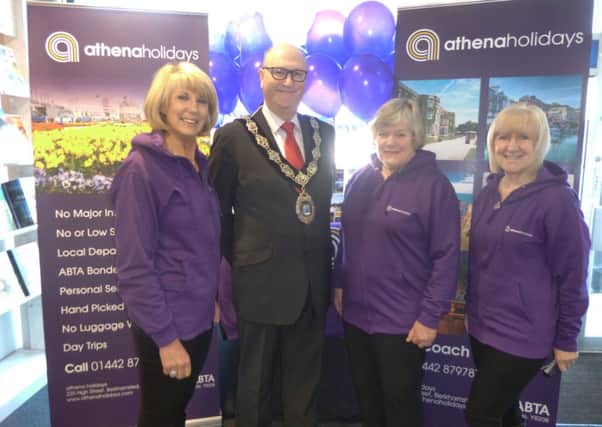 Berkhamsted Mayor Peter Matthews with the staff of TravelTime World for the launch of Athena Holidays