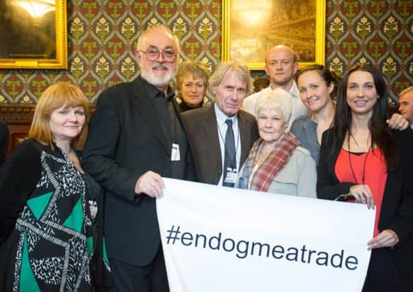 Shoshanna Mitchell (in orange, front right) organised a Parliamentary briefing on ending the dog meat trade in South East Asia, attended by celebrities including Dame Judi Dench. Photo: Philip Durrant