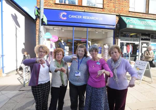 Staff at the burgled Cancer Research shop, from left, Jackie Eeles,Anna Parkinson, Dee Locke, Holly Hood and Sue Marriott