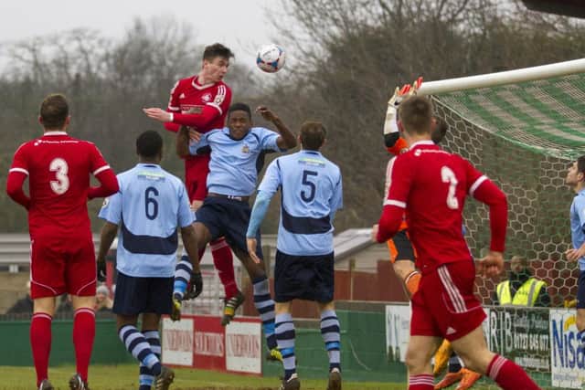 Oliver Hawkins heads home the opening goal against St Albans. Picture (c) Darren Kelly