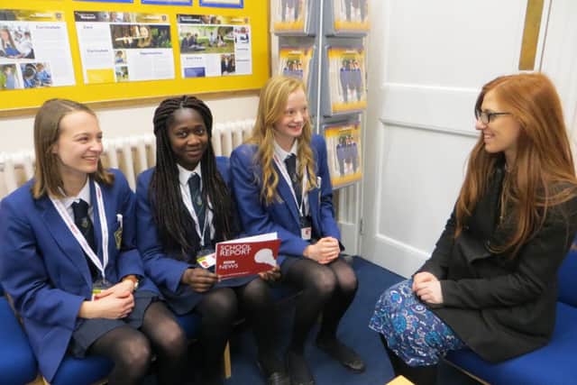 Students from Hemel Hempstead School take part in BBC School Report News Day. From left: Year 9 students Lydia Bradley, Stephanie Adu and Jessica Finnamore interview Head of Maths Kira Konarzynska.