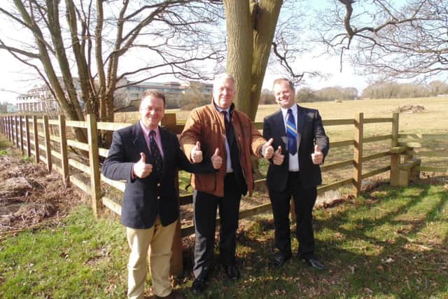 Police and crime commissioner David Lloyd, incumbent MP for Hemel Hempstead Mike Penning and Dacorum Borough Council leader Andrew Williams at the site of the proposed policing hub near the M1