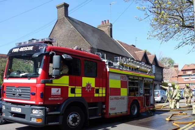 Fire engine in Castle Street, Berkhamsted, April 23, 2015. Photo by Anne Webber.