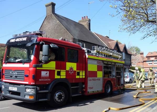Fire engine in Castle Street, Berkhamsted, April 23, 2015. Photo by Anne Webber.