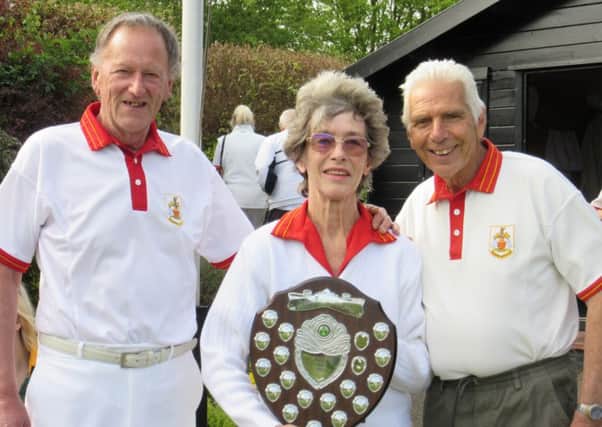 Peter Taylor, Alan Doydge and Jenny Tipton won the Alf Bunn Trophy at Kitcheners Bowls Club