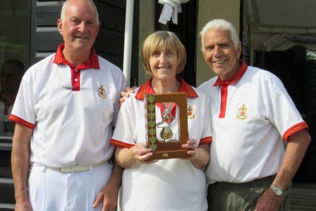 Ken Woodward, Enid Rance and Alan Doydge won the Les Keel Trophy at Kitcheners Bowls Club