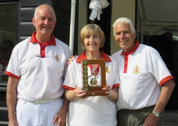 Ken Woodward, Enid Rance and Alan Doydge won the Les Keel Trophy at Kitcheners Bowls Club