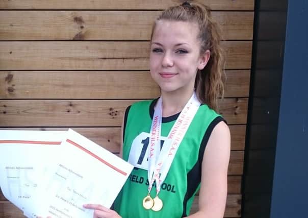 Tia Stonehouse won two gold medals in the U13 girls' age group at the 2015 Herts Schools Athletics Championships