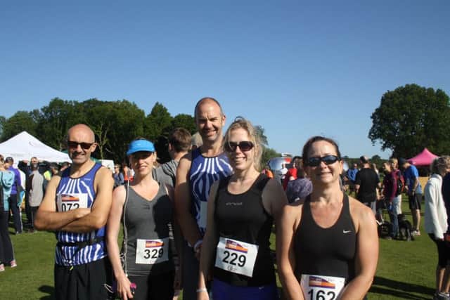 Howard and Victoria Plant, left, Anthony and Julia Kent, middle, and Lucy Guest, right, at the Ashridge Trail Half Marathon, June 2015