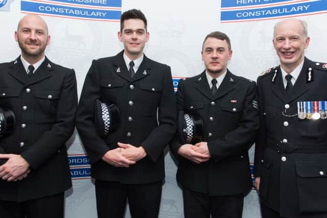 From left: Constable Sam Carroll, Constable Simon Tomaney, Temporary Sergeant Andrew Pardy, all recipients of the Royal Humane Society Award and Chief Constable Andy Bliss.