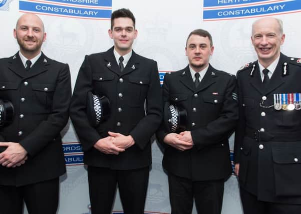 From left: Constable Sam Carroll, Constable Simon Tomaney, Temporary Sergeant Andrew Pardy, all recipients of the Royal Humane Society Award and Chief Constable Andy Bliss.