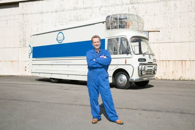 Ben Moorhouse with his new project, a vintage mobile cinema named Audrey