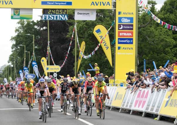 The finish line of the Aviva Women's Tour 2015 in Hemel Hempstead