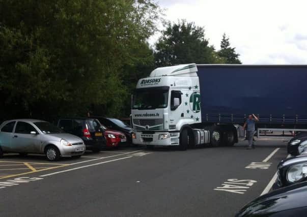 A lorry stuck in Woods garden centre's car park, Berkhamsted, August 11 2015