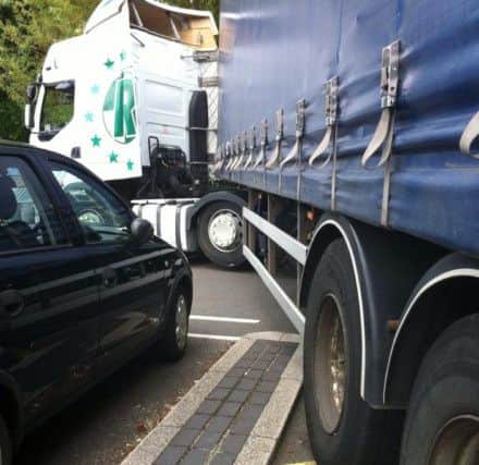A lorry stuck in Woods garden centre's car park, Berkhamsted, August 11 2015