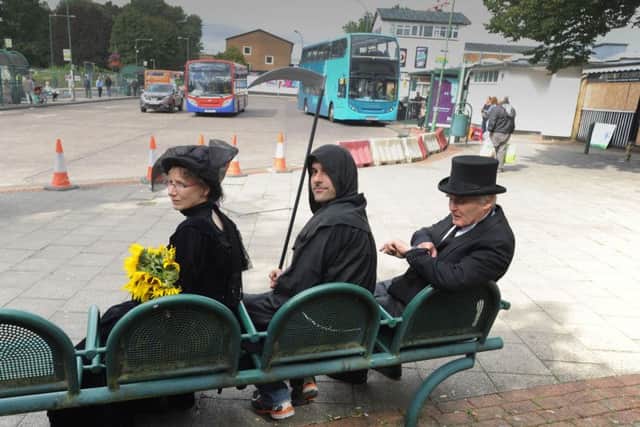 A wake for buses in Hemel Hempstead. Terry Figg, with top hat,  Martin Abrams and Susan Dye